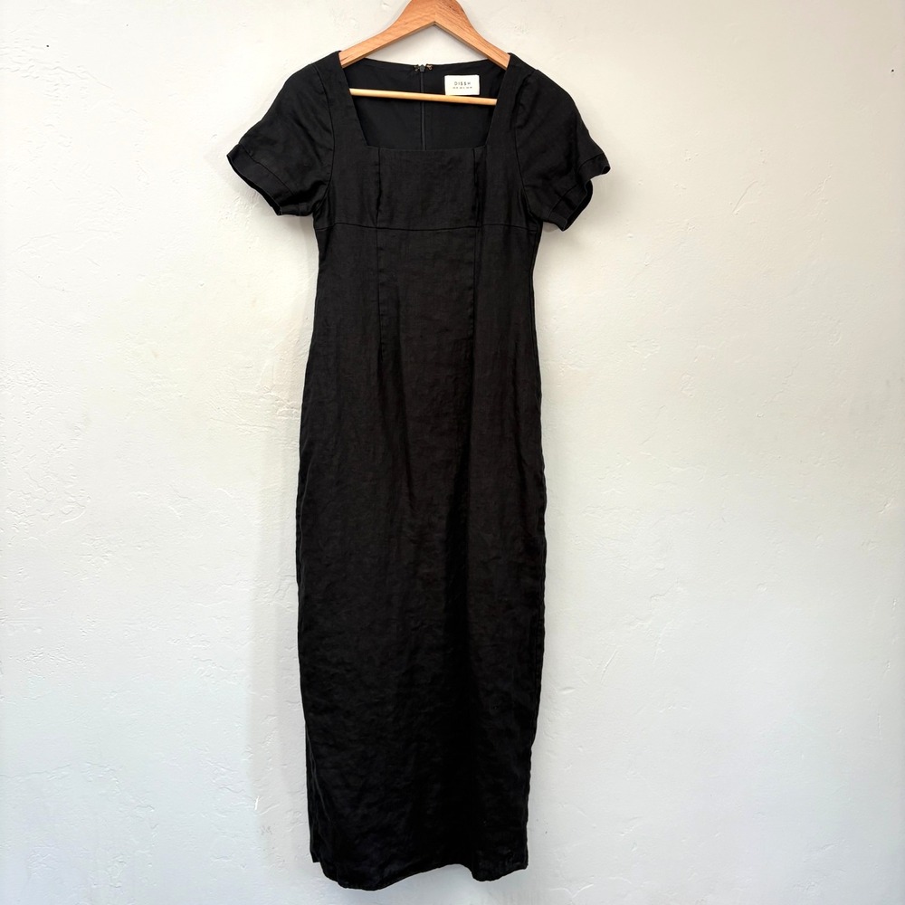 Dissh Linen Maxi Dress Women Size 4 Black Square Neck Short Sleeve